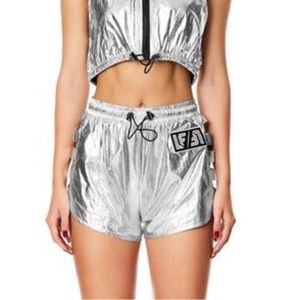 LF Shorts - METALLIC SILVER LADDER CUTOUT WINDBREAKER SHORT LF Shorts - METALLIC SILVER LADDER CUTOUT WINDBREAKER SHORT